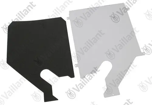 Zwei Abdeckungen von Vaillant, eine schwarze und eine weiße, sind nebeneinander abgebildet. Beide haben Aussparungen und sind für eine technische Anwendung konzipiert.